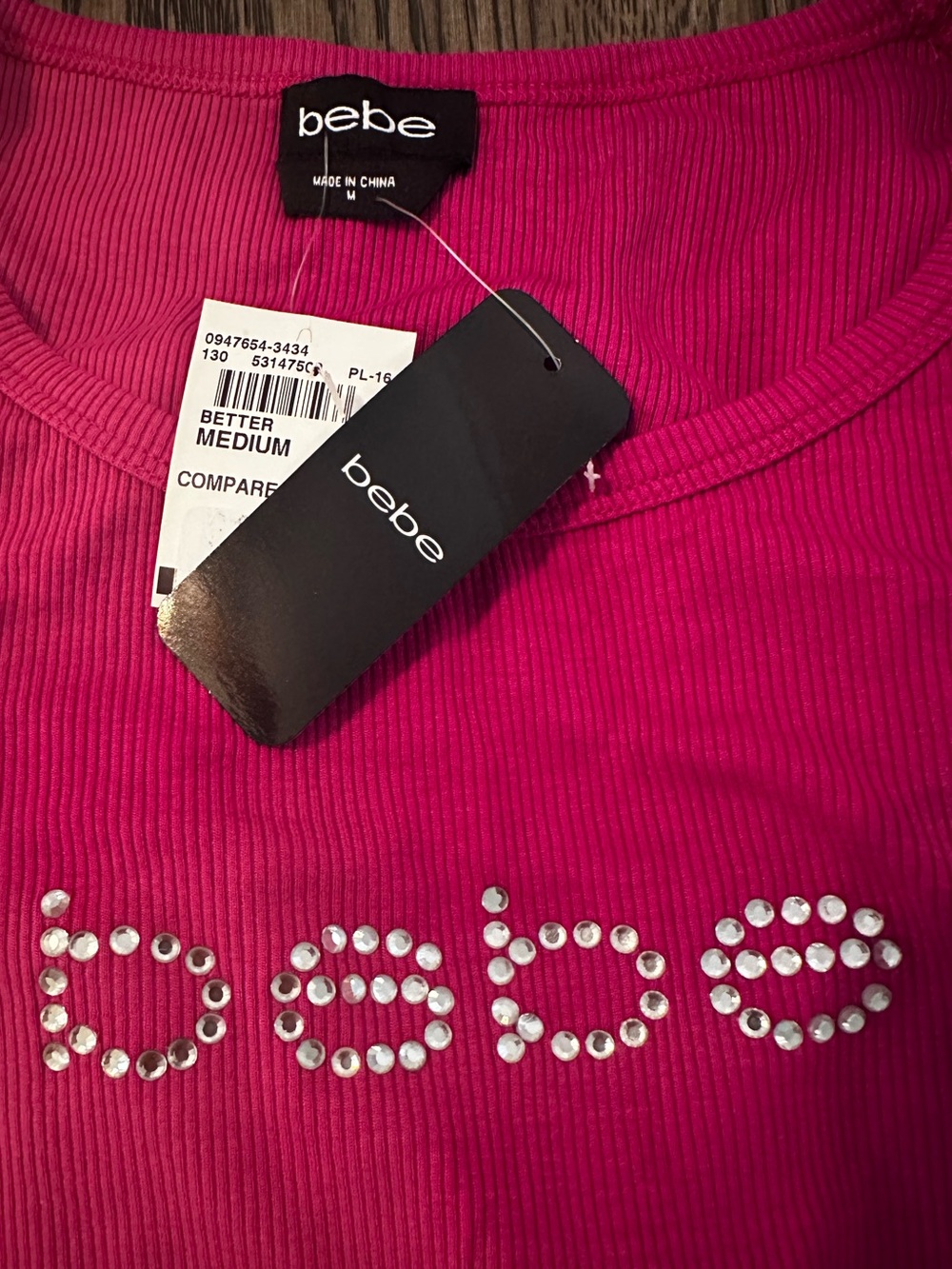 bebe Hot Pink Rhinestone Logo Ribbed Tank Top